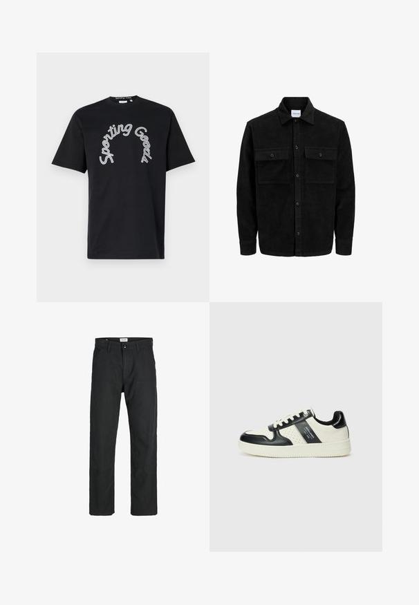 Melnas kordūru pogu jaka ar divām priekšējām atloka kabatām un klasisku apkakli, garām piedurknēm un ribotu tekstūru.; Melnā kokvilnas T-kreklā ar izliekta stila "Sporting Goods" uzrakstu baltā krāsā. Ar īsām piedurknēm un apaļu kakla izgriezumu. Gluda tekstūra.; Melnas bikses no izturīga auduma, ar taisna griezuma dizainu, izšūtām akcentiem un divām priekšējām kabatām funkcionālitātei.; Ādas sporta apavi ar melnbaltu krāsu shēmu, ar perforētiem akcentiem, mīkstinātu apkakli un teksturētu zoli.