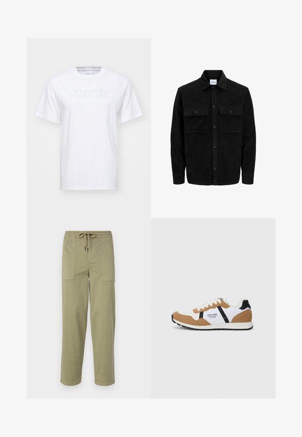 Černá kordurová košile s knoflíky, dvěma předními klopovými kapsami a klasickým límcem, dlouhými rukávy a vroubkovanou texturou.; Bílá bavlněná tričko s krátkým rukávem a kulatým výstřihem. Na hrudi je prostoupené logo "LEVI'S" světle modré barvy.; Pantalony světle olivové barvy vyrobené z bavlněné směsi, s elastickým pasem na šnůrku a dvěma velkými bočními kapsami.; Retro stylový tenisky s bílou a tan suede, černými akcenty, bílými šňůrkami a logem "Jack & Jones EST. 1990" na boku.
