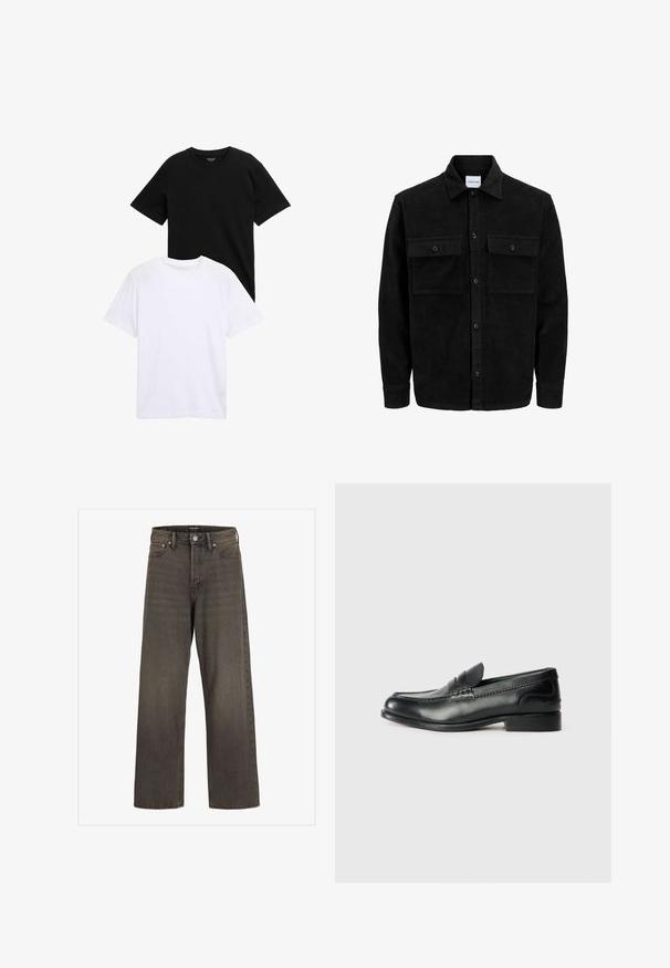 Melnas kordūru pogu jaka ar divām priekšējām atloka kabatām un klasisku apkakli, garām piedurknēm un ribotu tekstūru.; Īsām piedurkņu T-krekli melnā un baltā kokvilnā, ar apaļa kakla dizainu un gludu tekstūru. Abi krekli novietoti viens uz otra.; Platas kājas džinsi tumši pelēkā denima, ar augstu jostasvietu, klasisku piecu kabatu dizainu un kontrastējošām šuvēm.; Melnas ādas loafers ar gludu apdari, izšūtiem detaļām pa vampu un nedaudz paceltu papēdi.
