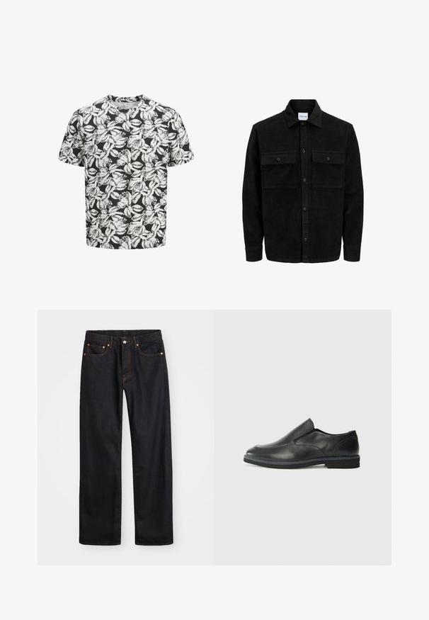 Černá kordurová košile s knoflíky, dvěma předními klopovými kapsami a klasickým límcem, dlouhými rukávy a vroubkovanou texturou.; Tričko s krátkými rukávy vyrobené z měkké tkaniny s černým pozadím a bílým vzorem listů po celé ploše. Klasický kulatý výstřih, volný střih.; Pánské černé džíny rovného střihu s pěti kapsami a oranžovým prošíváním, s knoflíkem a zipem na předním pásku.; Černá kožená nazouvací bota s hladkým svrškem, prošívanými detaily, zaoblenou špičkou a nízkým gumovým podpatkem. Podešev má minimální vzorek.