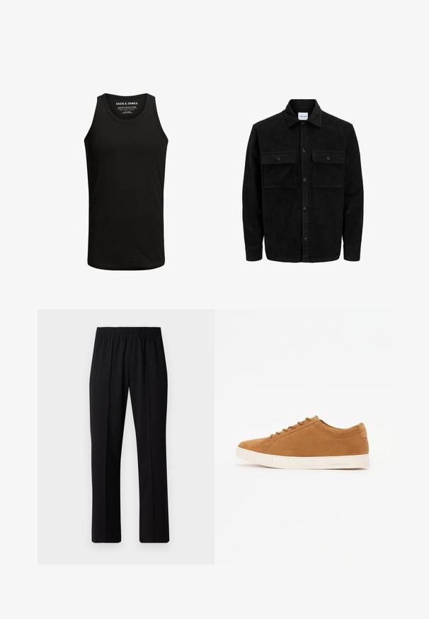 Melnas kordūru pogu jaka ar divām priekšējām atloka kabatām un klasisku apkakli, garām piedurknēm un ribotu tekstūru.; Melnas bezpiedurkņu tīrā kokvilnas auduma virsdrēbes, kas piedāvā klasisku apaļu kakla izgriezumu. Vienkārša tekstūra bez rakstiem vai akcentiem.; Melni elastīgi bikses ar taisnas kājas dizainu, ar gludu tekstūru un bez redzamām zīmēm vai detaļām.; Brūni zamšādas ikdienas apavi ar zemu augstumu, baltu gumijas zoli un noapaļotu purngalu. Iezīmē saskaņotas auklas un minimālu zīmolu uz papēža.