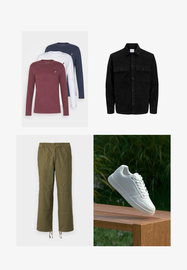 Mustmustöös nupuga jope, millel on kaks eesmist klapiga taskut ja klassikaline kaelus, pikad varrukad ning ribakujuline tekstuur.; Kolm pikakäistega T-särki maroonis, valges ja tumesinises. Igal särgil on ümmargune kaelus ja väike tikandiga logo rinnal.; Olive rohelised, laiad püksid, mis on valmistatud puuvillast, elastse vöökoha, nööbithõlma ning kontrastsete plaastridetailidega põlvedel.; Valged sneakerd, millel on sile sünteetiline ülemine osa, väikeste aukudega varvaskast, lamedad paelad ja tekstuuriga tald, eksponeeritud puidust pinnal.