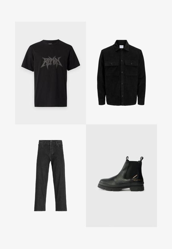 Svart kordflodjacka med knappar, två framfickor med klaff och klassisk krage, långa ärmar och ribbad textur.; Svart bomullst-shirt med korta ärmar och rund halsringning. Har en tydlig grå grafisk textlogotyp på framsidan.; Svarta denimjeans med rak passform, featuring dragkedja, bälteslöljer och sex fickor, tillverkade av en kraftig bomullsblandning.; Svarta läder Chelsea-boots med sidopaneler av elastiskt material, tjock gummisula, dragflikar och metalliskt varumärke på hälen.