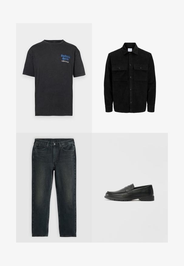 Melnas kordūru pogu jaka ar divām priekšējām atloka kabatām un klasisku apkakli, garām piedurknēm un ribotu tekstūru.; Melna kokvilnas T-krekls ar īsām piedurknēm. Kreisajā krūtīs ir zilā un baltā krāsā uzraksti "Southside Spirits" un "Chicago".; Tumši zili džinsi ar taisnu kāju griezumu, ar piecām kabatām, rāvējslēdzēju un kontrastējošām diegvīlēm. Auduma viegla izbalēšana.; Melnas ādas loafers ar gludu apdari, mokasīnu stila augšdaļu, šūtu detalizāciju un gumijas zoli. Klasisks dizains ar zemu papēdi.