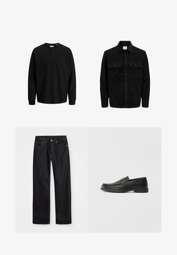 Crni kožni kord jakna na dugmad s dva prednja džepa s preklopom i klasičnim ovratnikom, dugim rukavima i rebrastom teksturom.; Crna dugorukava henley majica s rebrastom teksturom, tri gumba na izrezu i ravnim rubom. Izrađena od mekog materijala.; Muške traperice ravnog kroja, crne boje, s pet džepova i narančastim šavovima, sa zatvaranjem na dugme i patentni zatvarač na prednjem dijelu struka.; Crne kožne mokasine s glatkom površinom, gornji dio u stilu mokasina, ojačani šavovi i gumeni potplat. Klasičan dizajn s niskom petom.