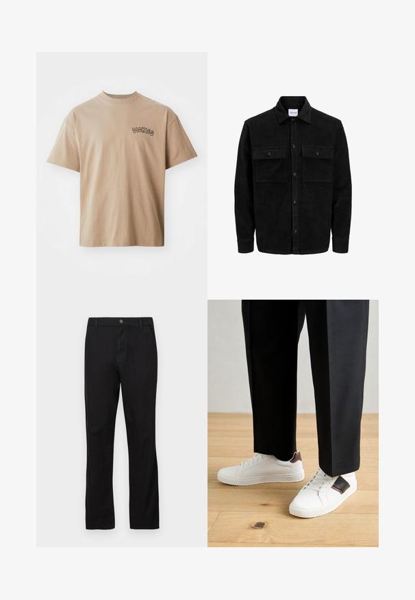 Mustmustöös nupuga jope, millel on kaks eesmist klapiga taskut ja klassikaline kaelus, pikad varrukad ning ribakujuline tekstuur.; Beesist lühikeste varrukatega T-särk, mis on valmistatud puuvillast, ümarate kraede ja musta ümarate kiri "DICKIES" vasakul rinnakorvil.; Mustadest puuvillast pükstest, millel on sirge jala disain, nupuga kinnitamine, ees ja taga taskud ning sile tekstuur.; Valged sneakersid siledat tekstuurist, millel on pruunad nahast detailid ja mustad aksessuaarid, millele on sobitatud mustad kohandatud püksid. Puitpõranda taust.