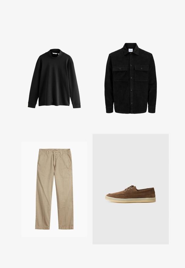 Zwarte corduroy knopenjack met twee voorste klepzakken en een klassieke kraag, lange mouwen en ribbelstructuur.; Zwarte sweatshirt met lange mouwen en hoge hals, gemaakt van zachte stof, met verlaagde schouders en geribbelde manchetten voor een relaxte pasvorm.; Beige rechte pijpen chinos met riemlussen, voorkant met knoop en rits sluiting, en schuine voorzakken.; Bruine suede schoenen met een laag profiel, vetersluiting, rubberen zool en contrasterende stiksels. Eenvoudige en functionele stijl.