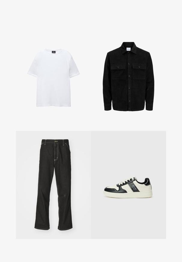Zwarte corduroy knopenjack met twee voorste klepzakken en een klassieke kraag, lange mouwen en ribbelstructuur.; Witte katoenen T-shirt met korte mouwen, ronde halslijn en een ontspannen pasvorm. Glad textiel zonder patronen of versieringen.; Zwarte denim jeans met een losse pasvorm, voorzien van contrasterende witte stiksels, een knoopsluiting en een recht ontwerp.; Leren sneakers met een zwart en crèmekleurig kleurenschema, voorzien van geperforeerde accenten, een gevoerde kraag en een gestructureerde buitenzool.