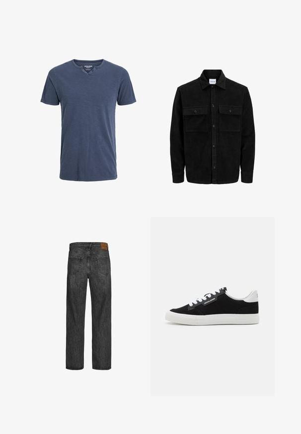 Giacca in corduroy nera con bottoni, due tasche anteriori con patta, colletto classico, maniche lunghe e texture a coste.; T-shirt a maniche corte blu navy realizzato in un tessuto morbido, con scollatura a V e due bottoni decorativi su un lato, dal taglio rilassato.; Jeans in denim nero con un design a gamba dritta, stile a cinque tasche e una toppa in pelle marrone in vita. Tessuto testurizzato con dettagli di cucitura.; Jack & Jones JFWMORDEN COMBO - Sneakers basse - anthracite