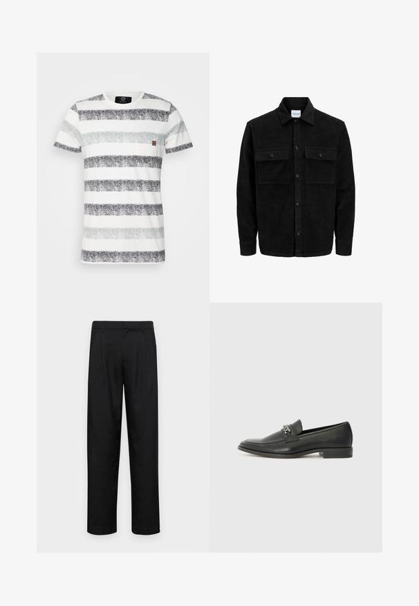 Črna kordurojska jakna z gumbi, z dvema sprednjima žepoma z zavihkom in klasičnim ovratnikom, dolgimi rokavi ter rebrasto teksturo.; Bombažna majica s horizontalnimi črtami v črni, sivi in svetlo sivi barvi. Vsebuje majhen žep na prsih in zaokrožen ovratnik.; Črne hlače iz gladkega materiala, s krojem ravne noge, dvema sprednjima pregiboma in standardnim pasom z zankami za pas.; Črni usnjeni loafer z gladko površino, ki ima šivano zasnovo in dekorativni kovinski verižni naglas preko vampirja. Ravno peto.