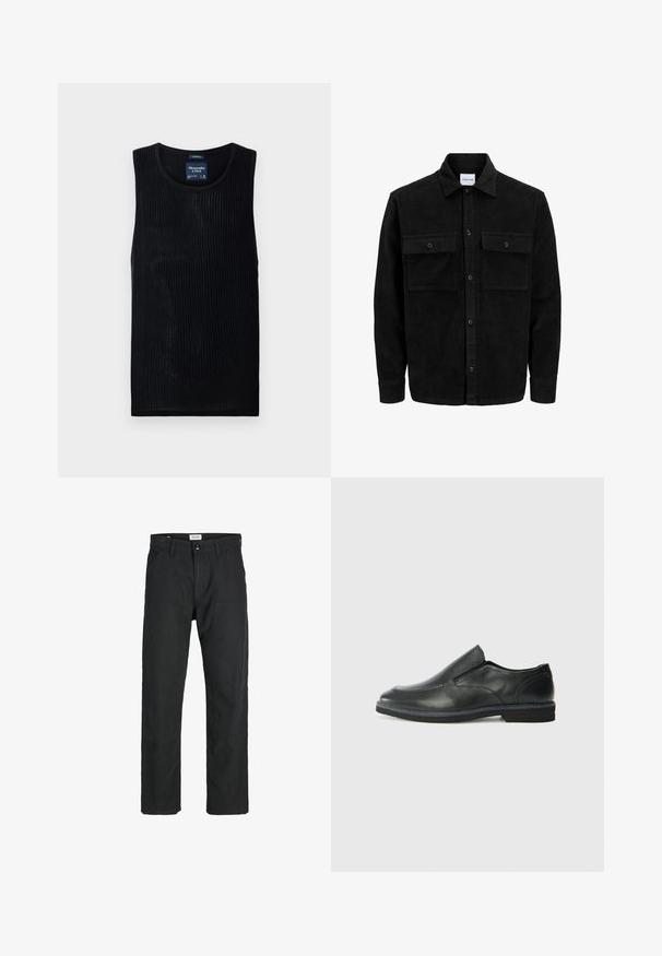 Mustmustöös nupuga jope, millel on kaks eesmist klapiga taskut ja klassikaline kaelus, pikad varrukad ning ribakujuline tekstuur.; Mustmustriibuline top, ümarate kraejoonte ja lühikese disainiga. Valmistatud kergest kangast, millel on peen tekstuur ja ilma kaunistusteta.; Mustad mustad, mis on valmistatud vastupidavast kangast, sirge jala disainiga, õmmeldud detailidega ja kahe eesmise taskuga funktsionaalsuse jaoks.; Must musta laia suuga king, millel on sile ülemine osa, õmmeldud detailid, ümmargune nina ja madal kummist konts. Tallal on minimaalne mustr.