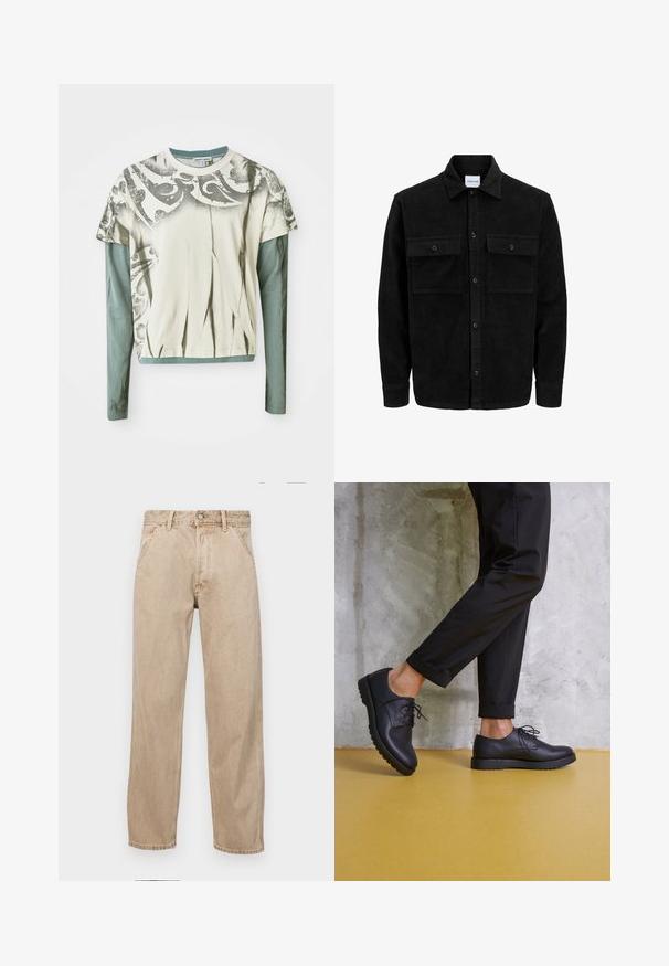 Schwarze Corduroy-Button-Up-Jacke mit zwei frontalem Klappentaschen und klassischem Kragen, langen Ärmeln und gerippter Textur.; Grafisches Langarm-T-Shirt mit einem cremefarbenen Körper und einem dekorativen grauen Druck sowie einer türkisfarbenen Langarm-Unterlage. Glatte Stoffstruktur.; Beige Denim-Jeans mit geradem Beinschnitt, ausgestattet mit Vordertaschen, einem Metallknopfverschluss und feiner Textur.; Schwarze Leder-Schnürschuhe mit runder Zehenform, strukturierten Oberflächen und dicker Gummisohle. Getragen mit hochgekrempelten schwarzen Hosen vor einem Betonhintergrund.