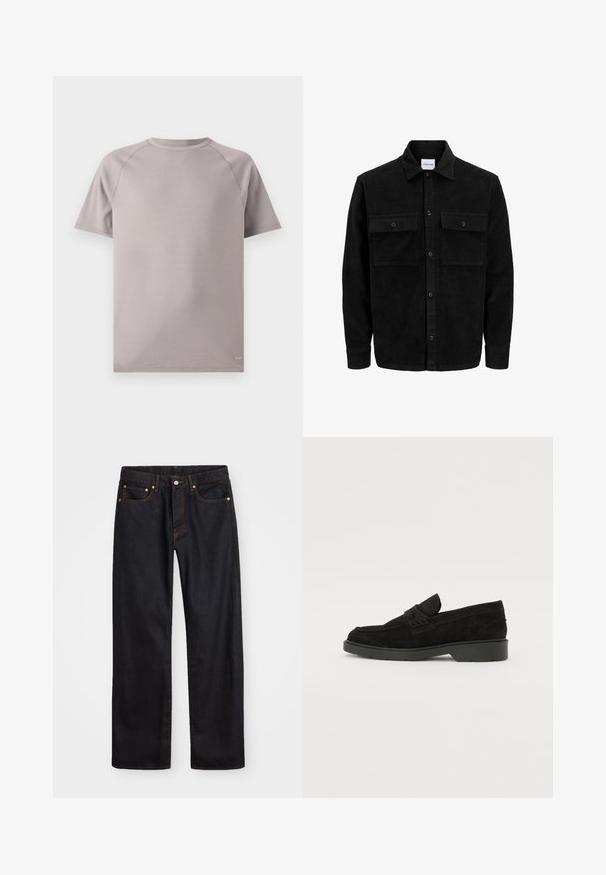 Černá kordurová košile s knoflíky, dvěma předními klopovými kapsami a klasickým límcem, dlouhými rukávy a vroubkovanou texturou.; Šedé tričko s krátkým rukávem a kulatým výstřihem, vyrobené z měkké tkaniny, s raglánovými rukávy a malým logem v pravém dolním rohu.; Pánské černé džíny rovného střihu s pěti kapsami a oranžovým prošíváním, s knoflíkem a zipem na předním pásku.; Černé semišové mokasíny s nízkým podpatkem, s jednoduchým páskem přes horní část a texturovanými detaily po stranách.