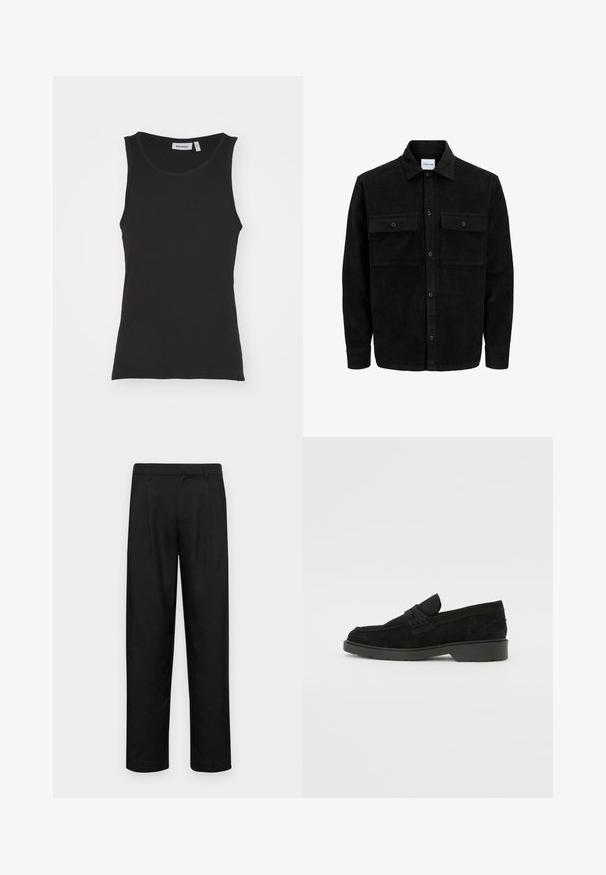 Sort fløjl button-up jakke med to frontlommer og klassisk krave, lange ærmer og ribbet tekstur.; Sort ærmeløs tanktop lavet af bomuld, med rund halsudskæring, ribbet tekstur og lige søm. Mærket hedder "WEEKDAY."; Sorte bukser lavet af glat stof, med et lige ben-design, to frontfolder og en standard talje med bæltestropper.; Sorte ruskinds loafers med en lav hæl, der har et enkelt bånd over det øverste og teksturerede detaljer langs siderne.