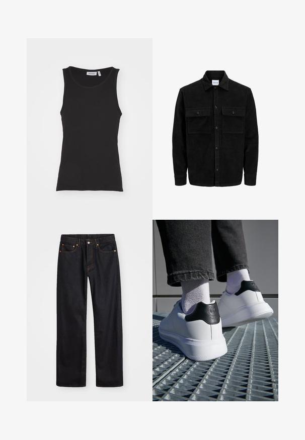 Černá kordurová košile s knoflíky, dvěma předními klopovými kapsami a klasickým límcem, dlouhými rukávy a vroubkovanou texturou.; Černý bezrukávový top vyrobený z bavlny, s kulatým výstřihem, žebrovanou texturou a rovný lem. Na štítku je nápis "WEEKDAY."; Pánské černé džíny rovného střihu s pěti kapsami a oranžovým prošíváním, s knoflíkem a zipem na předním pásku.; Bílé tenisky s černým patníkem s designem usmívající se tváře, vyrobené z hladké kožené materiálu, s plochou gumovou podrážkou a texturovanými detaily.