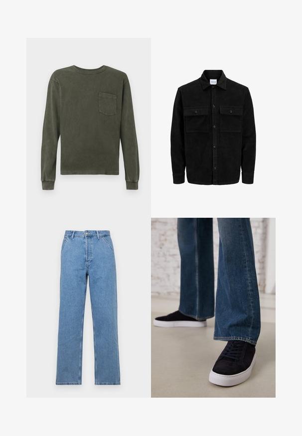 Juodas velveto mygtukų švarkas su dviem priekiniais kišenėmis su atvartais, klasikiniu apykakle, ilgomis rankovėmis ir raukšlėtu paviršiumi.; Ilga rankovė marškiniai tamsiai alyvuogių spalvos, pagaminti iš minkštos medžiagos, su apvalia kaklo iškirpte ir krūtinės kišenėle. Lygus paviršius, laisvas kirpimas.; Šviesiai mėlyni džinsai tiesia kojelė su klasikinio penkių kišenių dizainu, su priekiniu mygtuko užsegimu ir diržo kilpelėmis. Lygus paviršius.; Tamsiai mėlyni zomšiniai sportbačiai su baltu guminio padu ir raišteliais, derinami su plačiomis džinsinėmis kelnėmis vidutinio mėlynumo skalbimo.