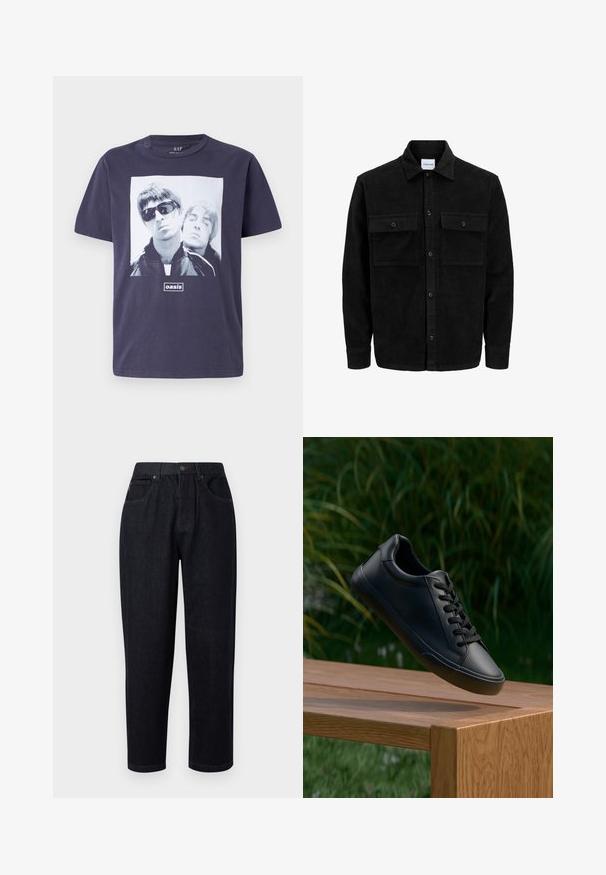 Sort fløjl button-up jakke med to frontlommer og klassisk krave, lange ærmer og ribbet tekstur.; Navyblå bomulds t-shirt med et stort grafisk tryk af to mandlige figurer. Teksten "oasis" er centreret under billedet. Kortærmet, rund hals.; Mørkeblå denimbukser med en afslappet pasform, der har knap- og lynlåslukning, to forlommer og stikninger som pynt.; Sorte lædersneakers med en glat overflade, rund tå og flade snørebånd, placeret over en træoverflade med grøn græs i baggrunden.