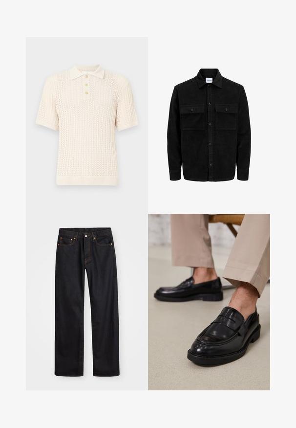 Černá kordurová košile s knoflíky, dvěma předními klopovými kapsami a klasickým límcem, dlouhými rukávy a vroubkovanou texturou.; Polo tričko s krátkým rukávem v světle krémové barvě, s texturovaným pleteným vzorem, žebrovaným límečkem a knoflíkovou légou se čtyřmi knoflíky.; Pánské černé džíny rovného střihu s pěti kapsami a oranžovým prošíváním, s knoflíkem a zipem na předním pásku.; Černé kožené loafers s hladkým povrchem, zdobené páskem a kontrastním prošíváním, spárované s béžovými kalhotami.