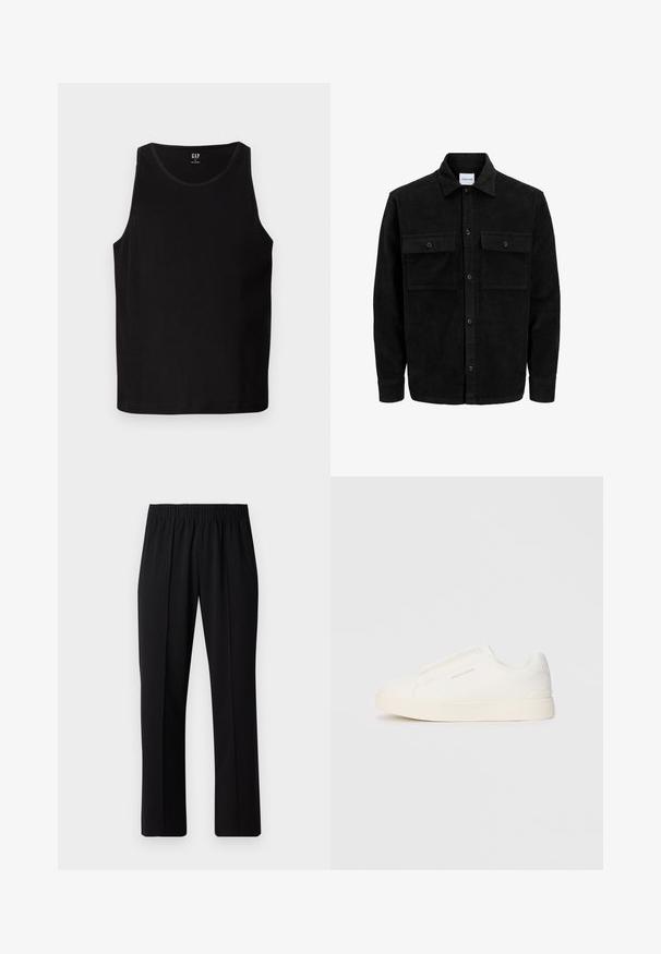 Giacca in corduroy nera con bottoni, due tasche anteriori con patta, colletto classico, maniche lunghe e texture a coste.; Top estivo nero a costine con ampie aperture per le braccia e scollatura arrotondata. Presenta una texture di tessuto liscia e un logo discreto sul davanti.; Pantaloni neri con vita elasticizzata e design a gamba dritta, caratterizzati da una texture liscia e senza motivi o hardware visibili.; Sneakers bianchi slip-on con superficie texturizzata, suola spessa e design minimalista. Presentano il logo del marchio sul lato.