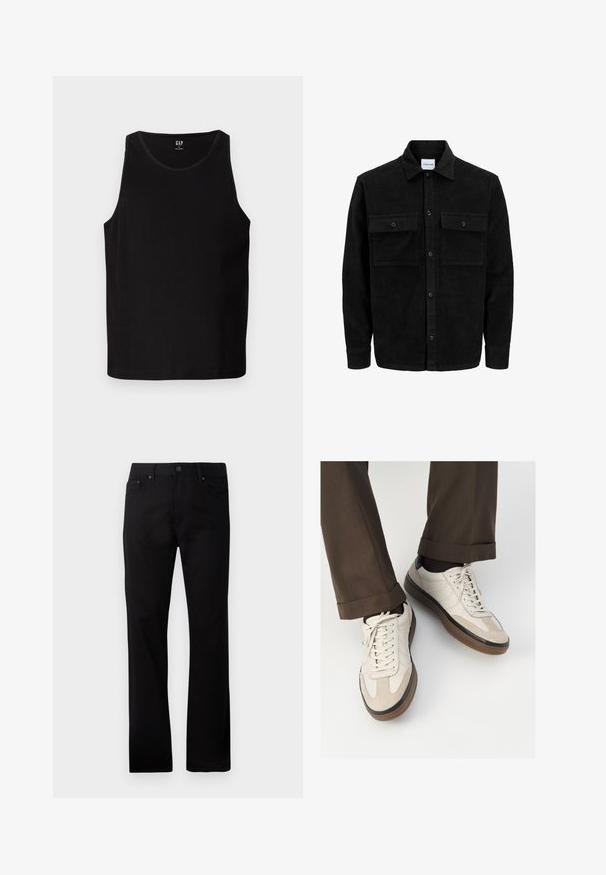Juodas velveto mygtukų švarkas su dviem priekiniais kišenėmis su atvartais, klasikiniu apykakle, ilgomis rankovėmis ir raukšlėtu paviršiumi.; Juodas ribiotas bakas su plačiomis rankovėmis ir suapvalintu kaklu. Išsiskiria lygiu audinio tekstūra ir subtiliu logotipu priekyje.; Juodos tiesios kojelės džinsai, pagaminti iš džinsinio audinio, su priekiniais sagčių uždarymais, dviem šoninėmis kišenėmis ir lygia tekstūra.; Bežiniai sportbačiai su tekstūruotu zomšinės priekine dalimi, lygiomis odinėmis šoninėmis dalimis ir ruda guminėmis padais. Į komplektą įeina juostelės ir šviesūs siuvimo detalės.