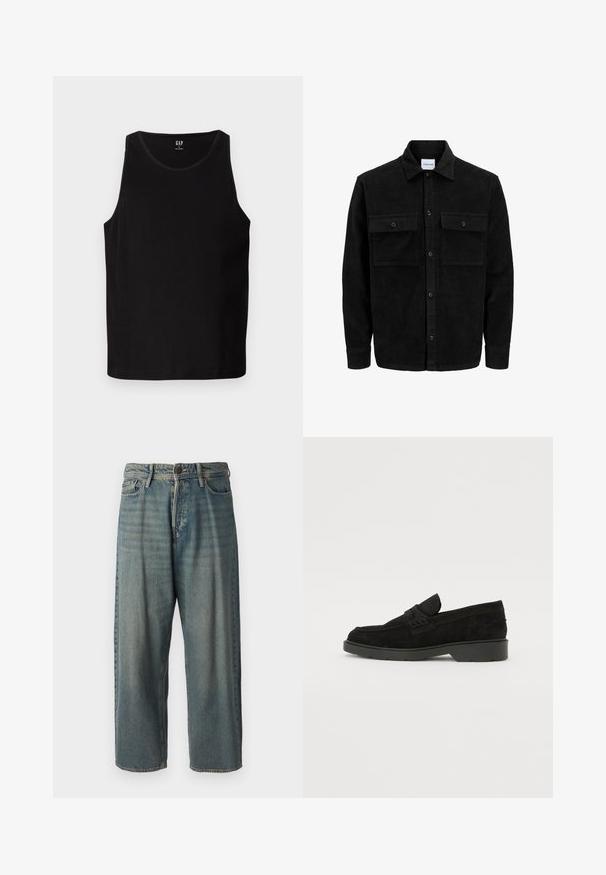 Crni kožni kord jakna na dugmad s dva prednja džepa s preklopom i klasičnim ovratnikom, dugim rukavima i rebrastom teksturom.; Crna ženska majica bez rukava s širokim otvorima za ruke i zaobljenim izrezom. Ima glatku teksturu tkanine i suptilan logotip sprijeda.; Svijetloplave traperice s širokim krojem, srednjim pojasom i ravnim nogavicama. Ima pet džepova, petlje za remen i kopčanje na gumb.; Crne samočiste čizme od nubuka s niskim potpeticama, s jednostavnom trakom na gornjem dijelu i teksturiranim detaljima uz bočne strane.