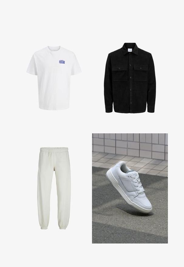 Sort fløjl button-up jakke med to frontlommer og klassisk krave, lange ærmer og ribbet tekstur.; Hvid T-shirt med korte ærmer og lille blå "Handyman" tekstlogo på venstre bryst.; Hvide sweatpants lavet af blødt stof, med elastisk talje og håndled, der har en glat tekstur og løs pasform.; Hvide lædersneakers med perforerede sider, teksturerede detaljer, flade snørebånd og en kontrasterende grå hæl. Har en let forhøjet sål.
