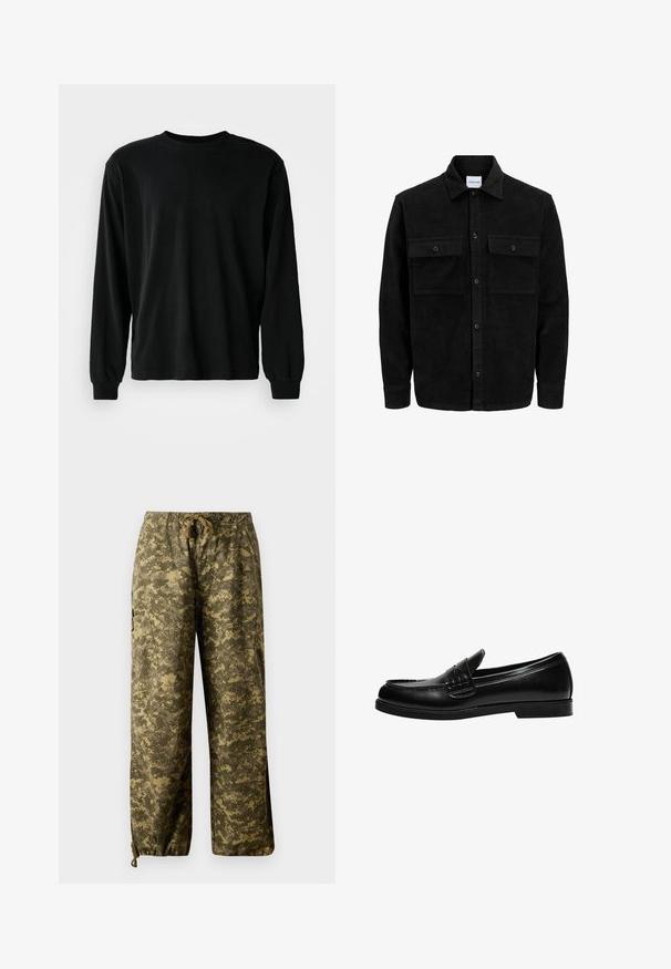 Giacca in corduroy nera con bottoni, due tasche anteriori con patta, colletto classico, maniche lunghe e texture a coste.; Maglietta nera a maniche lunghe in cotone, con collo rotondo, vestibilità rilassata e polsini aderenti, con una consistenza liscia e senza motivi visibili.; Pantaloni cargo in stampa mimetica, con vita regolabile, gamba larga e tasche laterali, realizzati in un tessuto testurizzato e resistente.; Mocassino in pelle nera con finitura liscia, caratterizzato da un dettaglio di cucitura sulla tomaia e una suola in gomma nera solida e bassa.