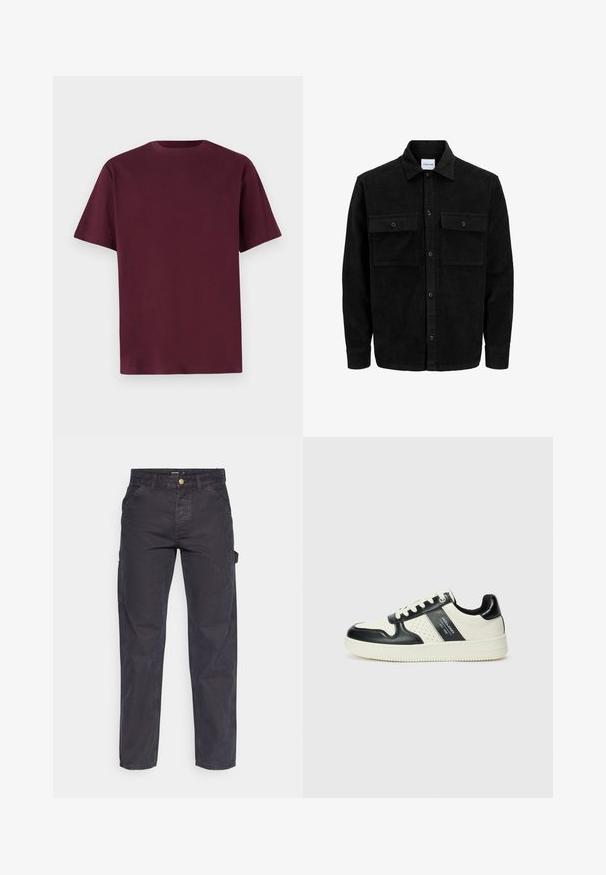 Black corduroy button-up jacket with two front flap pockets and a classic collar, long sleeves, and ribbed texture.; Burgundy cotton t-shirt with short sleeves, crew neck, and a smooth texture. Simple design with no patterns or additional details.; Dark gray cargo pants made of durable fabric, featuring a straight-leg cut, five pockets, and a button closure at the waist.; Leather sneakers with a black and cream color scheme, featuring perforated accents, a padded collar, and a textured outsole.