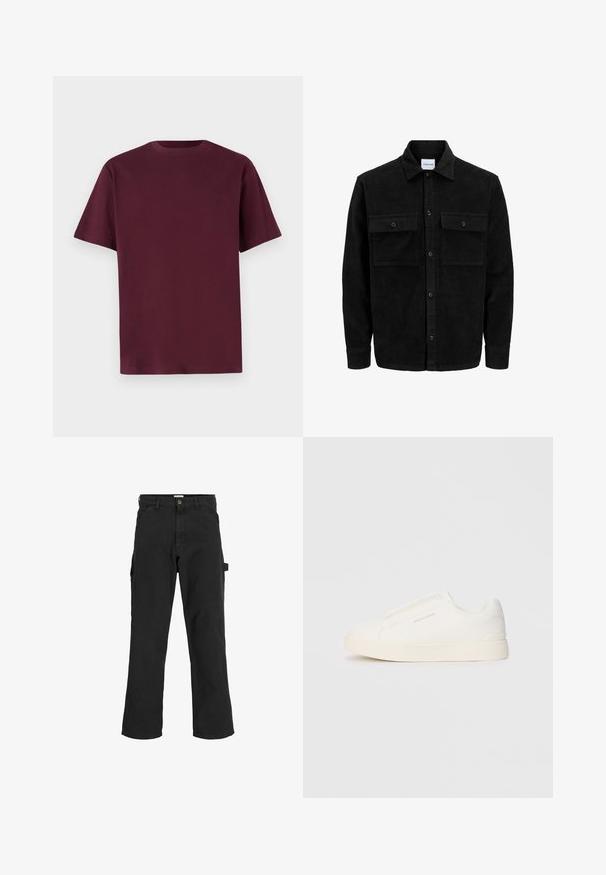 Juodas velveto mygtukų švarkas su dviem priekiniais kišenėmis su atvartais, klasikiniu apykakle, ilgomis rankovėmis ir raukšlėtu paviršiumi.; Borždinio medvilnės marškinėliai trumpomis rankovėmis, suapvalintu kaklu ir lygiu paviršiumi. Paprastas dizainas be raštų ar papildomų detalių.; Juodos krovinių kelnės iš medvilnės mišinio audinio. Ypatybės: plačios kojos, šoninės kišenės ir šoninė kišenė su kilpa aksesuarams.; Baltos slip-on sportbačiai su tekstūruota paviršiumi, storesniu padu ir minimalistišku dizainu. Šone matosi prekės ženklo logotipas.