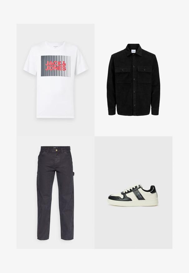 Črna kordurojska jakna z gumbi, z dvema sprednjima žepoma z zavihkom in klasičnim ovratnikom, dolgimi rokavi ter rebrasto teksturo.; Bela bombažna majica s kvadratnim grafikonom, ki ima navpične črne črte in roza napise "JACK&JONES" na sredini. Kratki rokavi.; Temno sivi cargo hlače iz trpežnega materiala, z ravnim krojem nogavic, petimi žepi in gumbom za zapiranje v pasu.; Usnjeni športni čevlji z črno in krem barvno shemo, ki vključujejo perforirane dodatke, podložen ovratnik in strukturirano podplat.