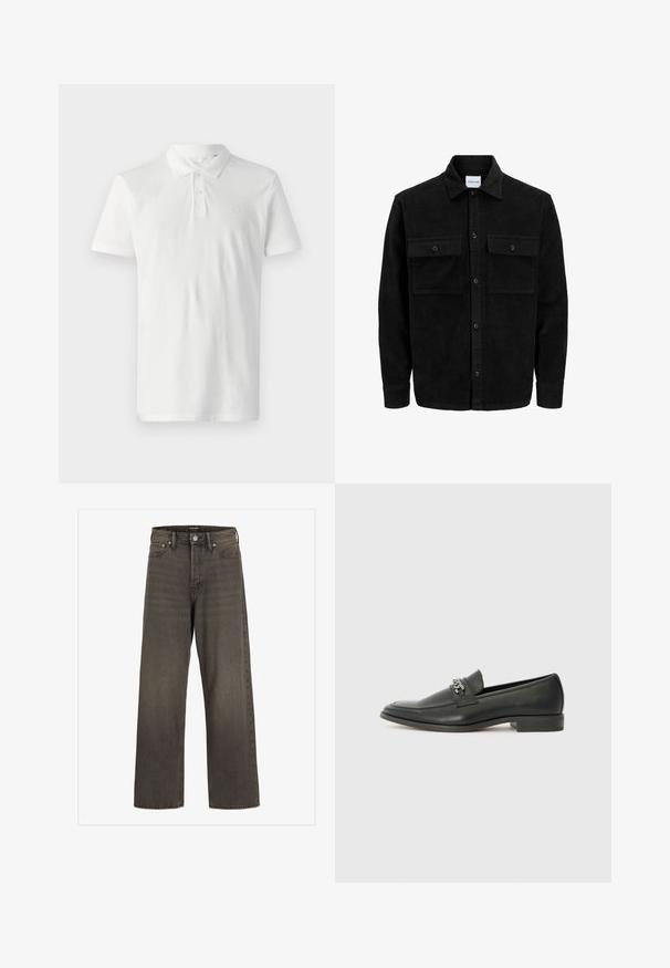 Černá kordurová košile s knoflíky, dvěma předními klopovými kapsami a klasickým límcem, dlouhými rukávy a vroubkovanou texturou.; Bílá polo tričko vyrobené z bavlny s límečkem, třemi knoflíky a krátkými rukávy. Obsahuje decentní logo na hrudi.; Džínové kalhoty s širokými nohavicemi v tmavě šedém denimu, s vysokým pasem, klasickým designem pěti kapes a kontrastním prošíváním podél švů.; Černé kožené mokasíny s hladkým povrchem, s prošívaným designem a dekoračním kovovým řetízkem přes nárt. Plochý podpatek.