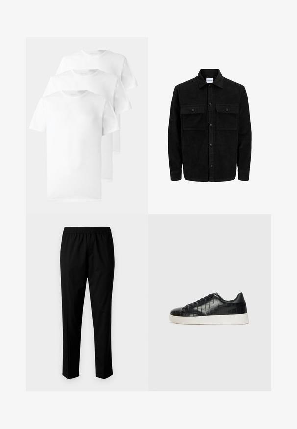 Mustmustöös nupuga jope, millel on kaks eesmist klapiga taskut ja klassikaline kaelus, pikad varrukad ning ribakujuline tekstuur.; Kolm valget t-särki, mis on valmistatud puuvillast, ümarate kaelustega, lühikeste käistega ja siledast, ühetaolisest tekstuurist, ilma nähtavate mustrite või aktsentideta.; Mustad püksid elastse vöökoha ja sirgete säärekujundiga. Riie tundub sile ja matt, ilma nähtavate mustriteta.; Mustad mustad mustad kroko-reljeefiga nahast ülemine osa, ümar varvas ja kontrastne valge kummitald, millel on sile viimistlus.