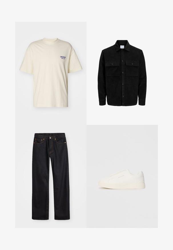 Czarna kurtka z korduru z guzikami, z dwoma przednimi kieszeniami na klapki oraz klasycznym kołnierzem, długimi rękawami i ryżowym splotem.; T-shirt z krótkim rękawem w kolorze kremowym, wykonany z bawełny. Posiada małe niebieskie logo "ORIGINALS" na lewej piersi. Klasyczny krój i okrągły dekolt.; Męskie jeansy w prostym kroju, czarne, z pięcioma kieszeniami oraz pomarańczowymi strefami, z zapięciem na guzik i zamek z przodu w pasie.; Białe sneakersy wsuwane z teksturowanej powierzchni, grubą podeszwą i minimalistycznym designem. Zawierają logo marki z boku.