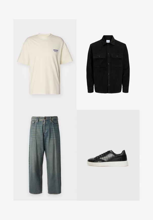Veste en velours côtelé noire à boutons, avec deux poches à rabat à l'avant et un col classique, des manches longues et une texture côtelée.; T-shirt à manches courtes de couleur crème en coton. Présente un petit logo bleu "ORIGINALS" sur la poitrine gauche. Coupe classique et col ras du cou.; Jeans en denim bleu clair avec une coupe ample, taille mi-haute et jambes droites. Comprend cinq poches, des passants de ceinture et une fermeture à bouton.; Baskets noires avec un dessus en cuir gaufré effet crocodile, bout rond et semelle en caoutchouc blanc contrastant avec une finition lisse.