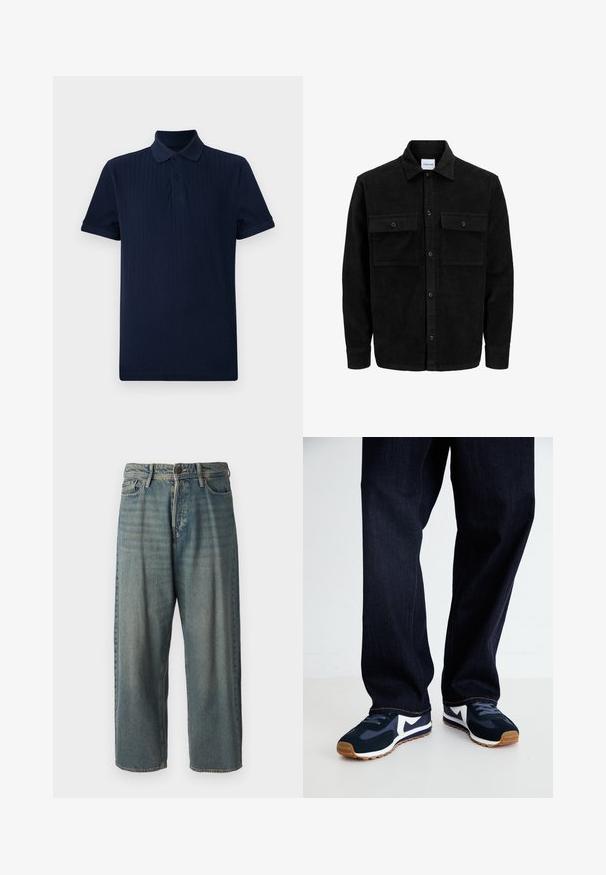 Černá kordurová košile s knoflíky, dvěma předními klopovými kapsami a klasickým límcem, dlouhými rukávy a vroubkovanou texturou.; Námořnicky modré polo tričko s krátkým rukávem, žebrovanou strukturou, třemi knoflíky na zapínání a klasickým límcem.; Světle modré denimové džíny s volným střihem, středně vysokým pasem a rovnými nohavicemi. Obsahují pět kapes, poutka na opasek a zapínání na knoflík.; Námořnické a bílé sportovní boty s texturovaným svrškem, tkaničkami a gumovou podrážkou, spárované s tmavě modrými džíny s oranžovým prošíváním.