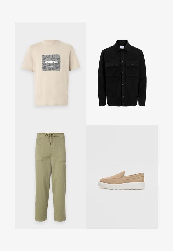 Čierna kordúrová bunda s gombíkmi, dvoma prednými vreckami so záklopkou a klasickým golierom, dlhými rukávmi a ryhovanou textúrou.; Béžové bavlnené tričko s grafickým šedým kamuflážovým štvorcom, na ktorom je text "jack&jones" a "CORE NINE ZERO". Okrúhly výstrih a krátke rukávy.; Svetlo olivové nohavice vyrobené z zmesi bavlny, s elastickým pásom na šnúrku a dvoma veľkými bočnými vreckami.; Steve Madden FLETCHER - Našuchovačky - taupe melange