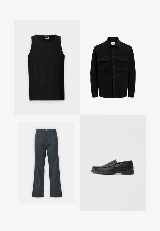 Melnas kordūru pogu jaka ar divām priekšējām atloka kabatām un klasisku apkakli, garām piedurknēm un ribotu tekstūru.; Melnā ribota bez piedurknēm topa ar apaļu izgriezumu, izgatavots no mīksta, teksturēta auduma. Tam ir taisna apmale un minimāls zīmols.; Melnas bikses ar taisnu kāju griezumu, izgatavotas no kokvilnas maisījuma auduma. Tām ir metāla pogas aizdare un sānu kabatas. Nav redzamu rakstu.; Melnas ādas loafers ar gludu apdari, mokasīnu stila augšdaļu, šūtu detalizāciju un gumijas zoli. Klasisks dizains ar zemu papēdi.