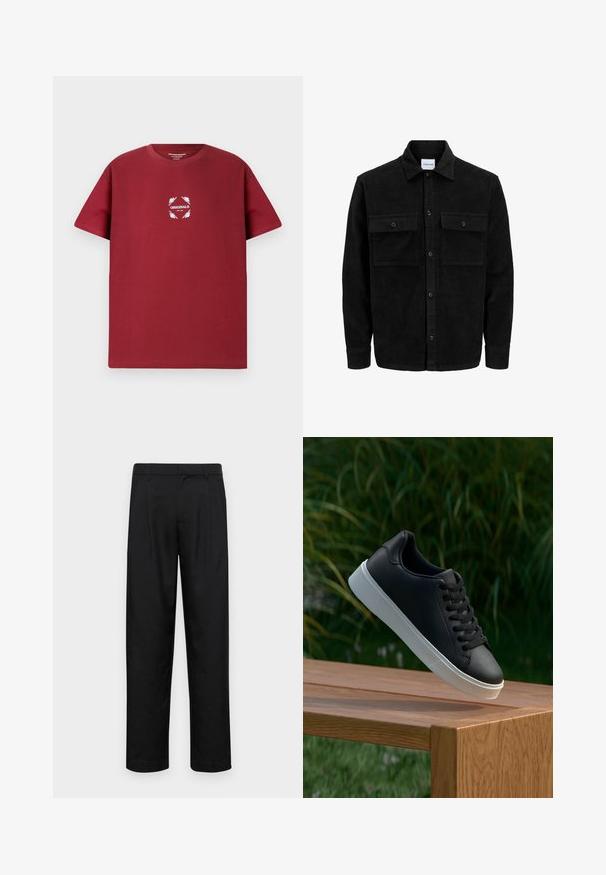 Sort fløjl button-up jakke med to frontlommer og klassisk krave, lange ærmer og ribbet tekstur.; Mørkerød bomulds T-shirt med korte ærmer, der har et hvidt grafisk cirkeldesign med ordet "ORIGINALS" og bladdetaljer på forsiden.; Sorte bukser lavet af glat stof, med et lige ben-design, to frontfolder og en standard talje med bæltestropper.; Sort lædersneaker med en glat overflade, hvid gummisål og seks øjer til snørebånd, præsenteret på en træoverflade.