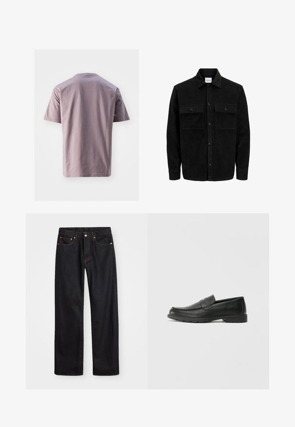 Giacca in corduroy nera con bottoni, due tasche anteriori con patta, colletto classico, maniche lunghe e texture a coste.; T-shirt a maniche corte, con collo rotondo, in morbido cotone lavanda con una texture liscia. Orlo dritto e design minimalista, senza loghi o motivi visibili.; Jeans neri in denim dritto da uomo con cinque tasche e cuciture arancioni, chiusura con bottone e zip sulla vita anteriore.; Mocassini neri in pelle con una finitura liscia, parte superiore in stile mocassino, dettagli cuciti e suola in gomma. Design classico con tacco basso.