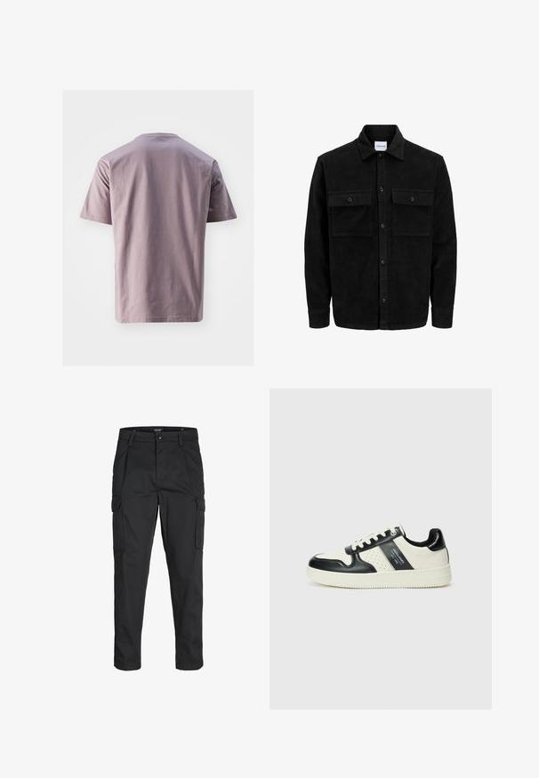 Chaqueta de pana negra con botones, dos bolsillos delanteros con solapa y un cuello clásico, mangas largas y textura acanalada.; Camiseta de manga corta y cuello redondo en suave algodón lavanda con una textura lisa. Dobladillo recto y diseño minimalista, sin logotipos ni patrones visibles.; Pantalones cargo negros hechos de tela resistente, que cuentan con múltiples bolsillos, un cierre de botón y un diseño de corte slim con piernas ajustadas.; Zapatillas de cuero con un esquema de colores negro y crema, que cuentan con acentos perforados, un collar acolchado y una suela texturizada.