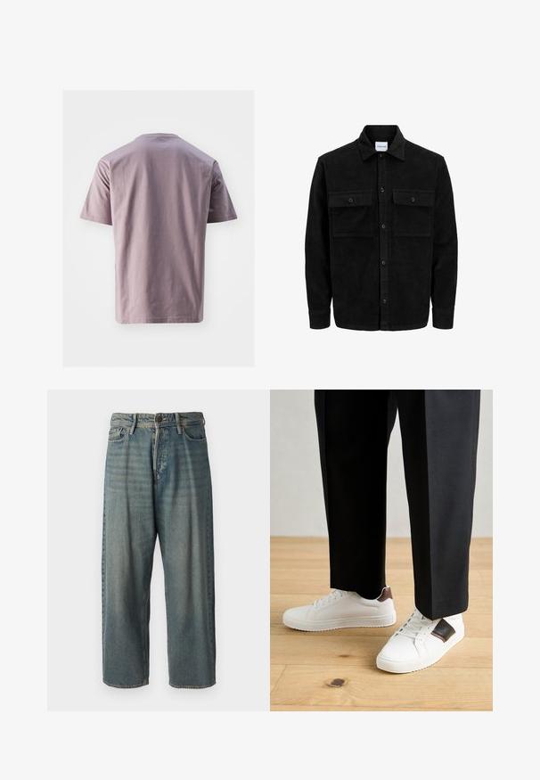 Veste en velours côtelé noire à boutons, avec deux poches à rabat à l'avant et un col classique, des manches longues et une texture côtelée.; T-shirt à manches courtes et col rond en coton lavande doux avec une texture lisse. Ourlet droit et design minimaliste, sans logos ni motifs visibles.; Jeans en denim bleu clair avec une coupe ample, taille mi-haute et jambes droites. Comprend cinq poches, des passants de ceinture et une fermeture à bouton.; Des sneakers blanches au texture lisse, avec des accents en cuir marron et des détails noirs, assorties à un pantalon noir ajusté. Fond en parquet.