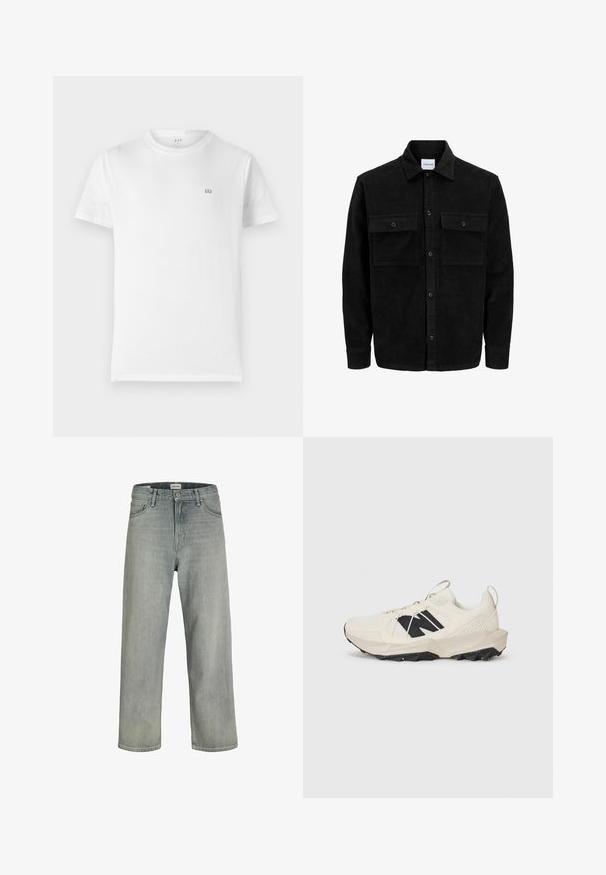Mustmustöös nupuga jope, millel on kaks eesmist klapiga taskut ja klassikaline kaelus, pikad varrukad ning ribakujuline tekstuur.; Valge puuvillane T-särk klassikalise ümmarguse kaelakaeluse, lühikeste varrukate ja väikese halli GAP logo vasakul rinnal. Lihtne, kaunistusteta disain.; Heledad hallhallid, laia lõikega denimist teksased. Omavad klassikalist viie tasku disaini, vööloopse ja sirget säärelõiget.; Heled beez sneaker, mille, musta logoga ja tekstureeritud tallaga. Keskmises liest on geomeetriline muster.