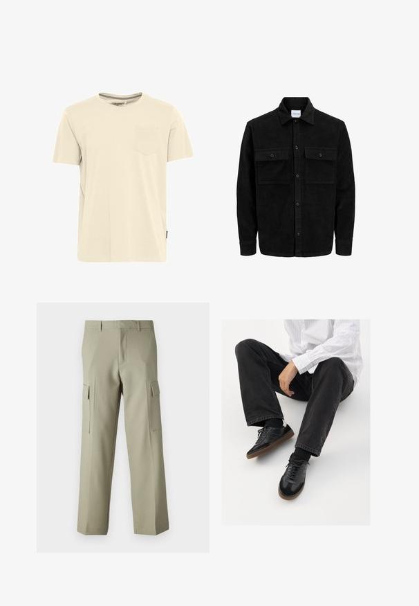 Mustmustöös nupuga jope, millel on kaks eesmist klapiga taskut ja klassikaline kaelus, pikad varrukad ning ribakujuline tekstuur.; Hele beež värviline lühikeste varrukatega T-särk, mis on valmistatud puuvillast, ümarate kaelustega ja väikese vasaku rinna taskuga. Tekstuuriga krae detail.; Heledad roheline cargo püksid sirge säärega disainiga, küljes olevate taskutega ja sujuva kangatekstuuri. Kuvatud tagantvaade.; Mustad spordijalatsid siledast ja tekstuurilisest ülemisest osast, millel on kummist tald ja tumedad nöörid. Kombineeritud mustade teksade ja valge triibulise särgiga.