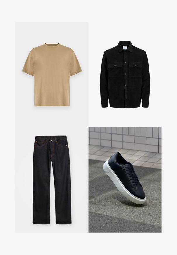 Juodas velveto mygtukų švarkas su dviem priekiniais kišenėmis su atvartais, klasikiniu apykakle, ilgomis rankovėmis ir raukšlėtu paviršiumi.; Kaki trumpas rankovėmis marškinėliai, pagaminti iš minkštos medžiagos, su apvaliu iškirpimu ir laisvu siluetu. Nėra matomų raštų ar grafikos.; Vyrų tiesaus kirpimo juodi džinsai iš denim medžiagos, su penkiomis kišenėmis ir oranžinėmis siūlėmis, su mygtuko ir užtrauktuko uždarymu ant priekio.; Juodas odinis sportbačius su apvaliu pirštu ir baltu gumuotu padu. Turi plokščias raišteles ir minimalų siuvimą viršuje. Padangos tekstūra užtikrina sukibimą.