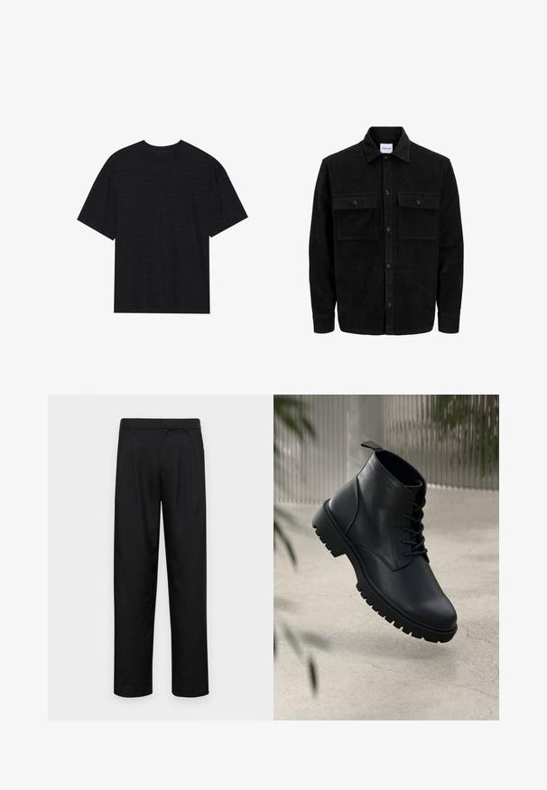 Mustmustöös nupuga jope, millel on kaks eesmist klapiga taskut ja klassikaline kaelus, pikad varrukad ning ribakujuline tekstuur.; Must have lühikeste varrukatega must T-särk, millel on peen triibuline tekstuur, mugav lõige ja ümmargune kaelus. Pehme materjal, millel ei ole nähtavaid logosid.; Mustad mustadest riietest, millel on sirge jalgade disain, kaks eesmist voltimist ja tavaline vöökoht, millel on vöökohad.; Mustad mustad nahast ankle saapad, ümmarguse nina, nööbidest sulgemise ja robustse kummitald. Sile tekstuur ja tõmbetab tagaküljel.