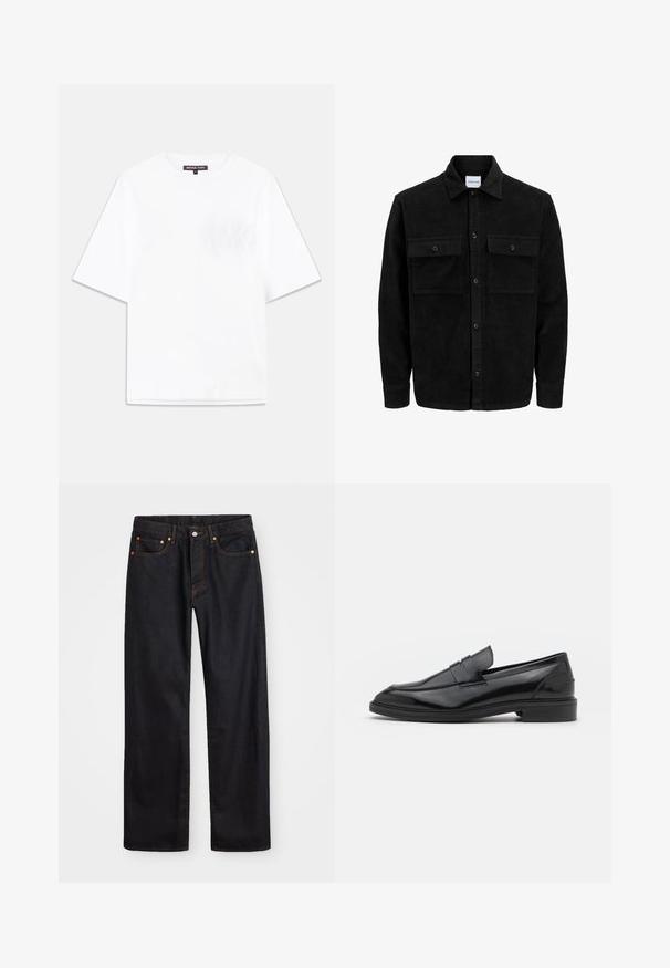 Černá kordurová košile s knoflíky, dvěma předními klopovými kapsami a klasickým límcem, dlouhými rukávy a vroubkovanou texturou.; Bílý bavlněný tričko s kulatým výstřihem, krátkými rukávy a strukturovaným logem "MK" na levé kapse na prsou.; Pánské černé džíny rovného střihu s pěti kapsami a oranžovým prošíváním, s knoflíkem a zipem na předním pásku.; Černé kožené mokasíny s hladkým povrchem, s kulatou špičkou a úzkým páskem přes svršek. Nízký vrstvený podpatek.