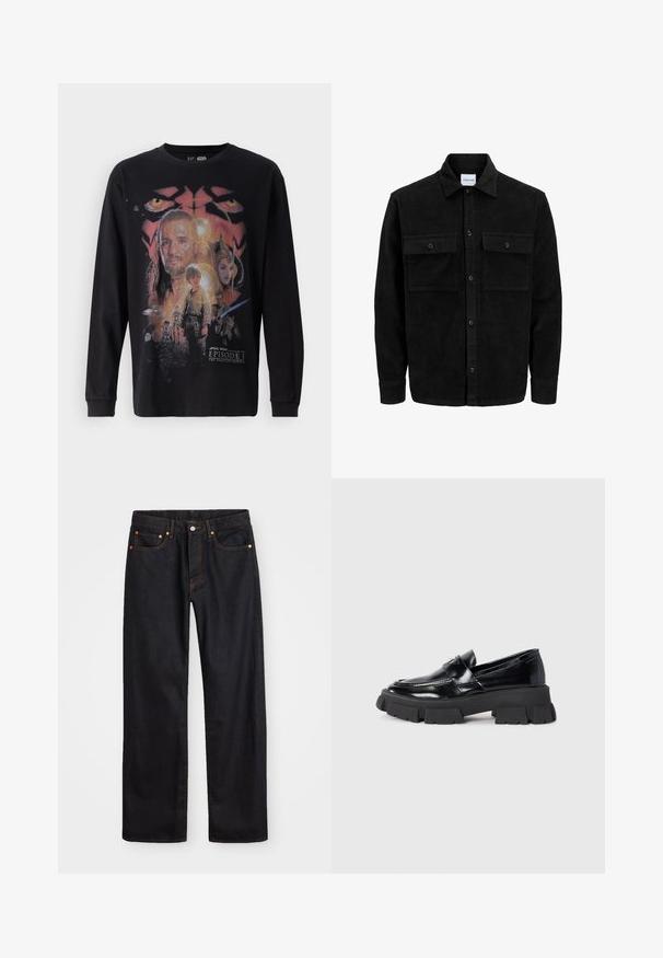 Juodas velveto mygtukų švarkas su dviem priekiniais kišenėmis su atvartais, klasikiniu apykakle, ilgomis rankovėmis ir raukšlėtu paviršiumi.; Juodas ilgomis rankovėmis marškinėliai su spalvinga grafika iš filmo "Žvaigždžių karai: I epizodas - Phantom Menace" su įvairiais personažais ir detalėmis.; Vyrų tiesaus kirpimo juodi džinsai iš denim medžiagos, su penkiomis kišenėmis ir oranžinėmis siūlėmis, su mygtuko ir užtrauktuko uždarymu ant priekio.; Juodos lakuotos odinės loafers su storu juodu platforminiu padu. Ypatybės apima suapvalintą pirštą ir dekoratyvinį siuvinėjimą per vampą.