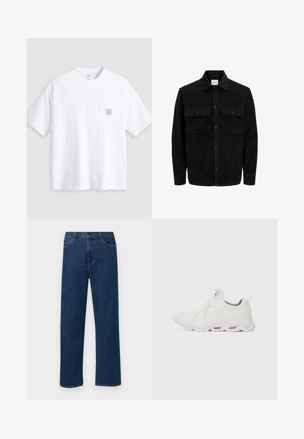 Juodas velveto mygtukų švarkas su dviem priekiniais kišenėmis su atvartais, klasikiniu apykakle, ilgomis rankovėmis ir raukšlėtu paviršiumi.; Balta medvilnė marškinėliai su apvaliu kaklu, trumpomis rankovėmis ir priekinėmis kišenėmis, kuriose yra siuvinėta etiketė su šviesiai rožine spalva.; Tamsiai mėlynos tiesaus žandikaulio džinsai su priekinėmis kišenėmis ir mygtuko uždarymu, rodantys ant paprasto balto fono.; Baltos sportinės detalės batai su tekstūruotu megztu viršumi, plokščiais raišteliais ir paminkštintu padu, kuriame matomos oro kameros papildomam palaikymui.