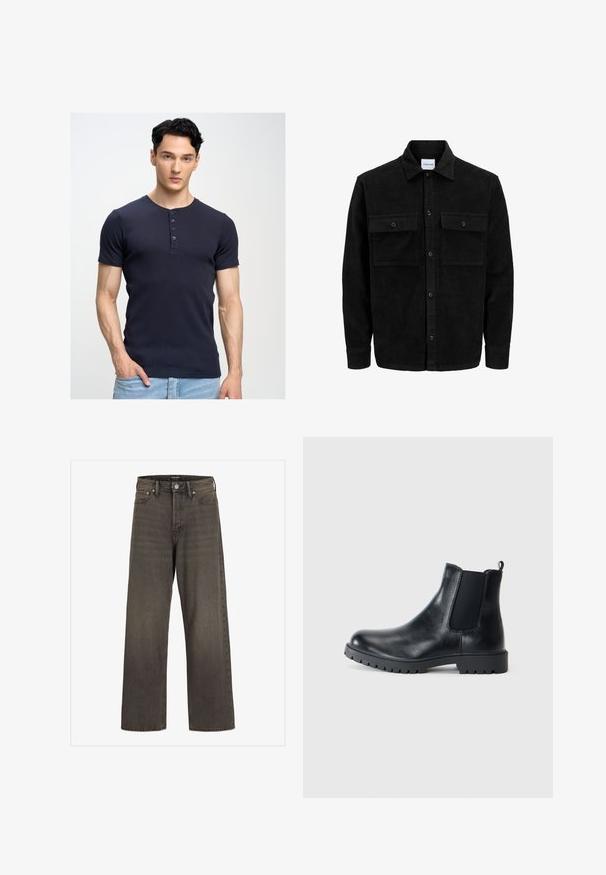 Juodas velveto mygtukų švarkas su dviem priekiniais kišenėmis su atvartais, klasikiniu apykakle, ilgomis rankovėmis ir raukšlėtu paviršiumi.; Tamsiai mėlynas trumpas rankovėmis marškinėlis su apvaliu kaklu ir penkių mygtukų kišene; prigludusi forma; minkšta, lygi tekstūra; dėvimi su šviesiai mėlynomis džinsomis.; Plati kojinės džinsai tamsiai pilkos spalvos džinsinio audinio, su aukštu liemeniu, klasikinio penkių kišenių dizainu ir kontrastinga siuvimo linija siūlėse.; Juodi odiniai Chelsea batai su elastiniais šonų paneliais, apvalia pirštų dalimi ir guminėmis padangomis. Minimalistinio dizaino, su patogiu užtrauktuku.
