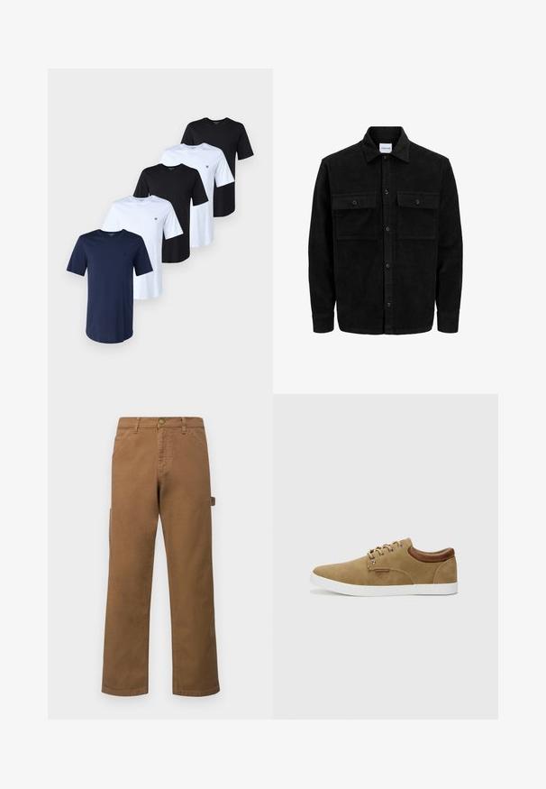 Črna kordurojska jakna z gumbi, z dvema sprednjima žepoma z zavihkom in klasičnim ovratnikom, dolgimi rokavi ter rebrasto teksturo.; Pet majice v mornarsko modri, črni in beli barvi iz bombaža. Vsaka ima okroglo ovratnik in kratke rokave. Na levi strani prsnega dela se nahaja majhna oznaka.; Rjave bombažne cargo hlače s ravnimi nogavicami, ki imajo stranske žepke in kovinsko zapiranje na pasu. Gladka tekstura in ležajen dizajn.; Bež zamšene teniske z belo gumo, rjavimi usnjenimi detajli na peti in srebrnimi gnezdami za vezalke. Enostavna, zaobljena oblika.